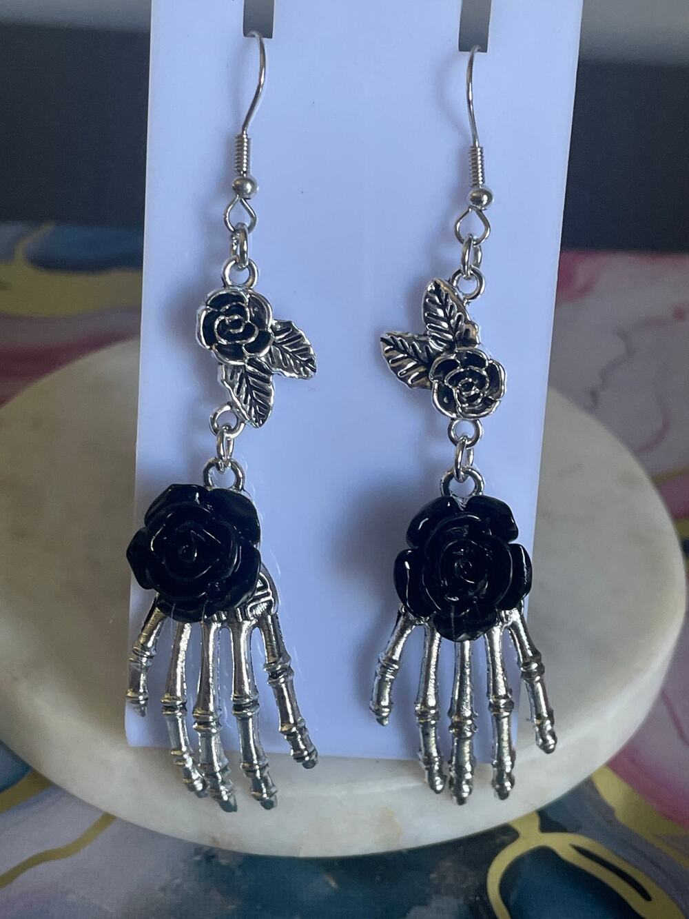 Skeleton hand and rose  gothic earrings